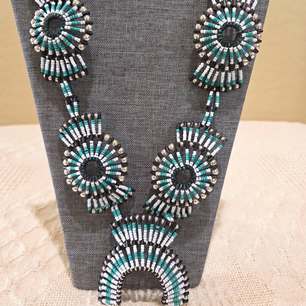 Vintage Squash Blossom Turquoise White Black Handmade Beaded Safety Pin Necklace - Picture 5 of 14